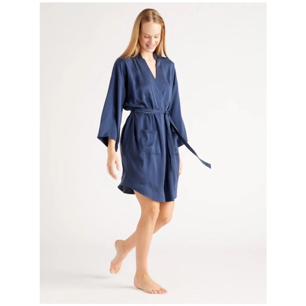 NWT Quince 100% Washable Silk Robe M Indigo Blue Kimono Belted Luxury Lounge